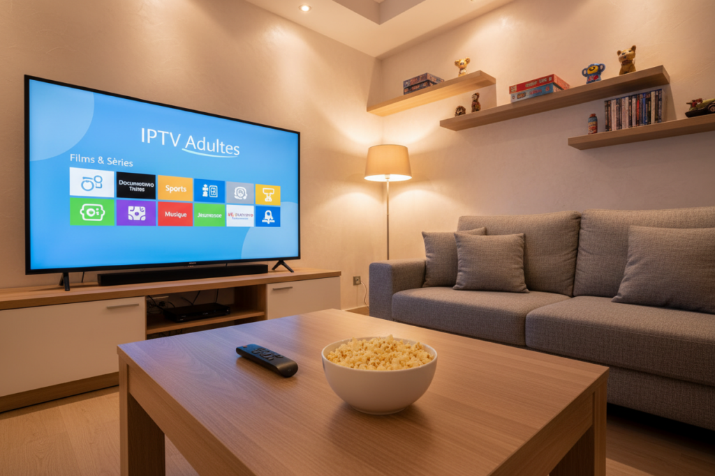 A sleek and modern IPTV streaming interface displayed on a large flat-screen TV in a cozy living room setting. In the foreground, a stylish coffee table holds a remote control and a bowl of popcorn, inviting relaxation. The middle ground features a family-friendly environment with plush couches and soft lighting, creating an inviting atmosphere. In the background, wall-mounted shelves display various entertainment items, indicating a diverse range of viewing options. The screen prominently shows the "IPTV Adultes" brand name, along with a visually appealing channel categories menu that hints at various content genres, all presented well-organized and vibrant. The overall mood is warm and welcoming, with soft, ambient lighting accentuating the comfortable environment, viewed from a slightly elevated angle to capture the essence of home entertainment without any explicit or suggestive content.