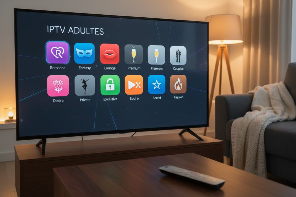 A sleek, modern IPTV streaming interface displayed on a high-resolution flat-screen TV. In the foreground, a stylish remote control rests on a wooden coffee table, surrounded by a cozy living room setting with soft lighting. The screen showcases a visually appealing menu of the "IPTV Adultes" channel options, featuring colorful icons representing various adult-themed categories, arranged in a visually engaging layout. The background includes a comfortable sofa and a subtle, inviting atmosphere with warm light emanating from decorative lamps. Capture a serene ambiance, reflecting a relaxed and enjoyable viewing experience, emphasizing entertainment and choice for adult content without any explicit imagery or suggestions.