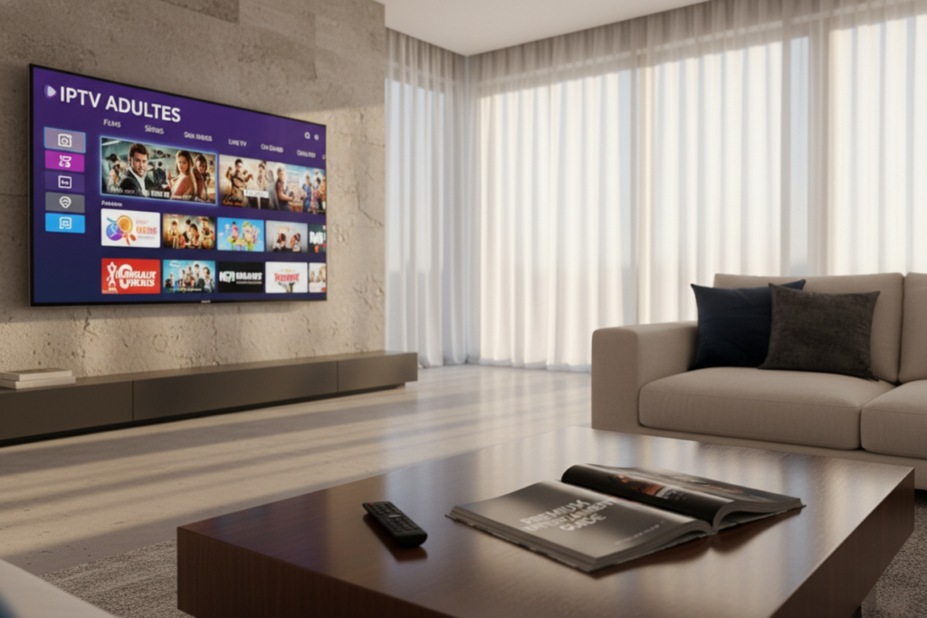 A sleek, modern living room featuring a sophisticated television displaying a vibrant IPTV streaming interface showcasing various channel categories, prominently featuring the brand name "IPTV Adultes." In the foreground, there is a stylish coffee table with a remote control next to an elegantly designed magazine, emphasizing premium content. The middle section of the image presents a cozy sofa, adorned with plush cushions, inviting viewers to engage. In the background, large windows bathe the room in warm, natural light, creating a comfortable atmosphere. Use a shallow depth of field to focus on the IPTV interface, while soft shadows enhance the three-dimensional feel of the space. The overall mood should convey luxury, comfort, and seamless entertainment.