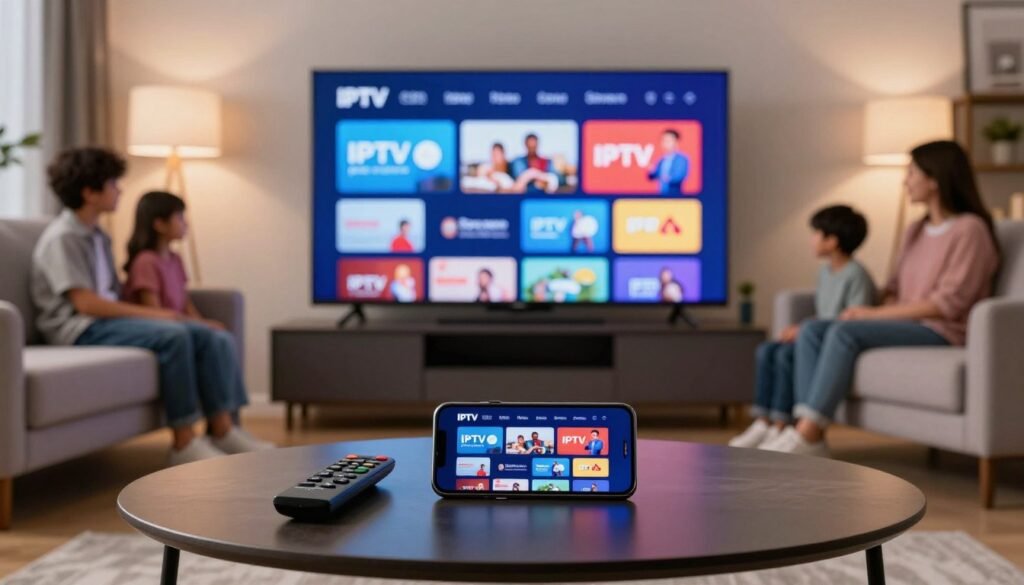 A sleek, modern living room setup featuring a Smart TV displaying the logo "IPTV pas chere" prominently in the center, showcasing vibrant streaming content. In the foreground, a stylish coffee table with a remote control and a smartphone streaming the same content, highlighting the accessibility of IPTV Smarters Pro on multiple devices. The middle ground features a comfortable sofa with a family enjoying the streaming experience, dressed in casual but neat clothing. The background is subtly illuminated, with soft lighting that creates a cozy and inviting atmosphere. The scene captures a sense of convenience and enjoyment, emphasizing unlimited access to affordable IPTV services. The overall mood is relaxed and family-oriented, perfect for a viewing experience.
