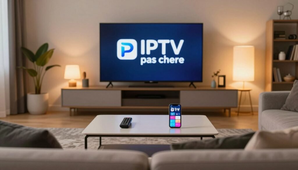 A stylish modern living room featuring a large Smart TV displaying the logo "IPTV pas chere" on the screen, symbolizing a premium IPTV service. In the foreground, a comfortable sofa with soft cushions invites viewers to relax and enjoy their streaming experience. In the middle, a sleek coffee table is adorned with a remote control and a smartphone showcasing a vibrant IPTV app interface. The background features a cozy ambiance, with warm lighting emanating from elegant lamps, creating an inviting atmosphere. The room has a minimalist design, incorporating trendy decor elements. The overall mood is one of accessibility and comfort, reflecting the theme of affordable premium entertainment in France. The image should be well-lit with a focus on details, captured from a slightly elevated angle to encompass the entire scene.