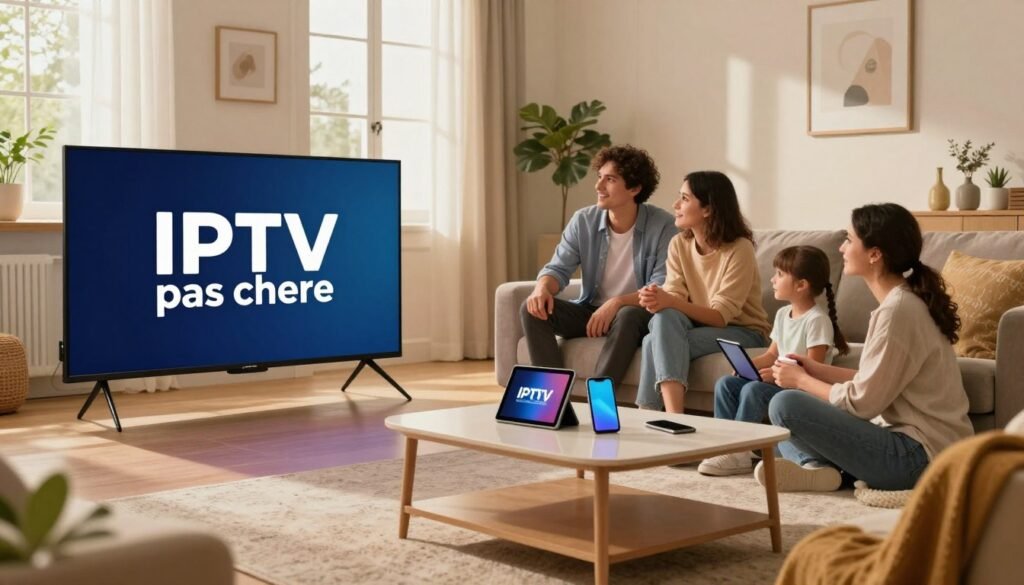 A vibrant and inviting scene showcasing a modern living room with a Smart TV prominently displaying the logo "IPTV pas chere" in the foreground. The cozy setting is filled with comfortable furniture and decorative elements that suggest relaxation and connectivity. In the middle ground, a family of four, dressed in casual and modest clothing, is engaged in watching their favorite channels, surrounded by various devices like a tablet and smartphone, symbolizing affordability and accessibility. The background features soft, natural lighting filtering through a window, casting a warm glow throughout the room. The atmosphere is one of enjoyment and togetherness, highlighting the value of unlimited streaming in comfortable surroundings.