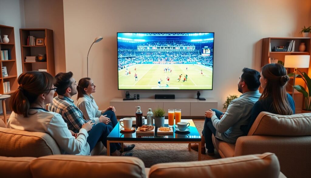 A cozy living room setup showcasing a family immersed in watching IPTV. In the foreground, a diverse family of four sits comfortably on a modern couch, all dressed in professional, casual attire, with their eyes focused on a large smart TV displaying a vibrant live sports event. The middle ground features a stylish coffee table with snacks and drinks, enhancing the homey atmosphere. The background reveals soft warm lighting, emphasizing the relaxed mood, with bookshelves and plants adding a touch of life to the space. Use a wide-angle lens to create depth, capturing the family's expressions of excitement and engagement. The scene subtly emphasizes IPTV adults technology in a contemporary setting, demonstrating the direct viewing experience.