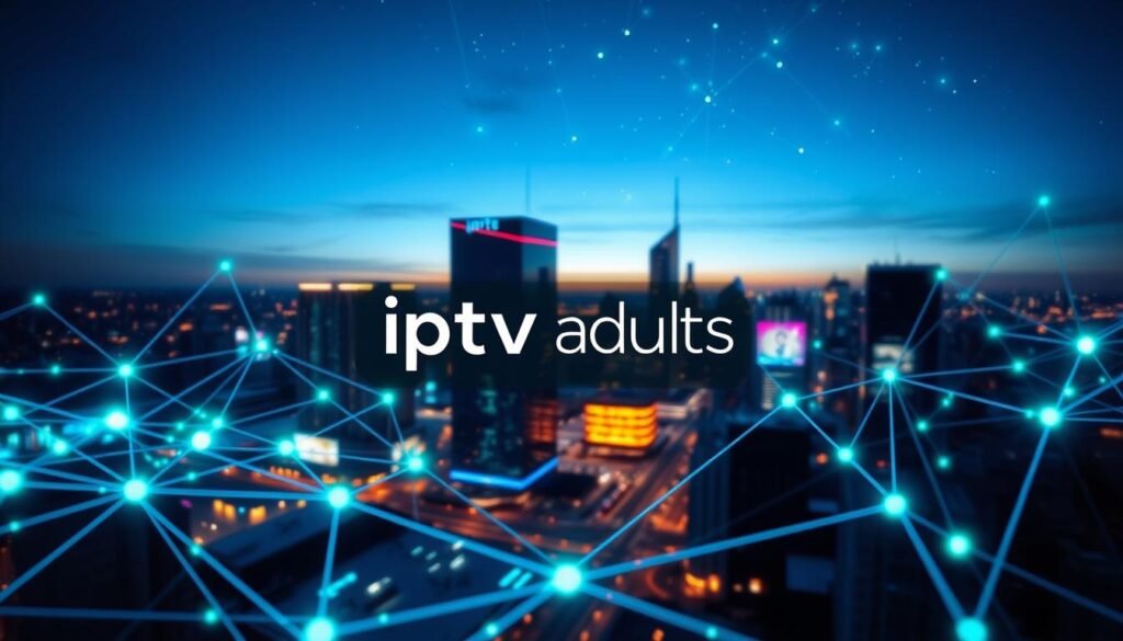 A dynamic network visualization representing "réseau" with a futuristic, digital appearance. In the foreground, an intricate web of interconnected nodes illuminated with glowing blue and green lights, showcasing data flow. The middle layer features a sleek, modern cityscape at dusk, with high-rise buildings and digital billboards reflecting vibrant colors, symbolizing the integration of technology in everyday life. In the background, a starry sky with faint connections between stars representing global connectivity. Soft, diffused lighting enhances the high-tech atmosphere, creating a sense of innovation and discovery. The scene evokes a mood of exploration and understanding, illustrating the interconnectivity of IPTV and OTT services. The brand name "iptv adults" subtly integrated into the network design, ensuring a coherent look without overpowering the visual.