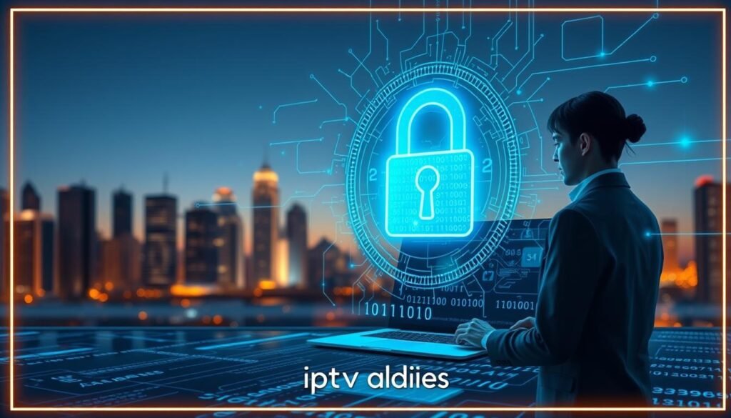 A futuristic digital landscape representing security and privacy in the context of IPTV, featuring a high-tech, abstract lock symbol in the foreground, glowing with a blue hue. Surrounding the lock, intricate data streams and binary code flow, conveying the concept of secure data access. In the middle ground, a sleek laptop displays an IPTV interface, while a professional individual in business attire, framed from the side, interacts with the screen, emphasizing a blend of technology and human engagement. The background showcases a softly illuminated city skyline at twilight, setting a calm yet sophisticated mood. The overall atmosphere reflects advancement in technology and confidence in data security, inviting the viewer to explore the theme of safe access to content. Include the brand name "iptv adultes" subtly integrated into the design elements without text overlays. A futuristic digital landscape representing security and privacy in the context of IPTV, featuring a high-tech, abstract lock symbol in the foreground, glowing with a blue hue. Surrounding the lock, intricate data streams and binary code flow, conveying the concept of secure data access. In the middle ground, a sleek laptop displays an IPTV interface, while a professional individual in business attire, framed from the side, interacts with the screen, emphasizing a blend of technology and human engagement. The background showcases a softly illuminated city skyline at twilight, setting a calm yet sophisticated mood. The overall atmosphere reflects advancement in technology and confidence in data security, inviting the viewer to explore the theme of safe access to content. Include the brand name "iptv adultes" subtly integrated into the design elements without text overlays.