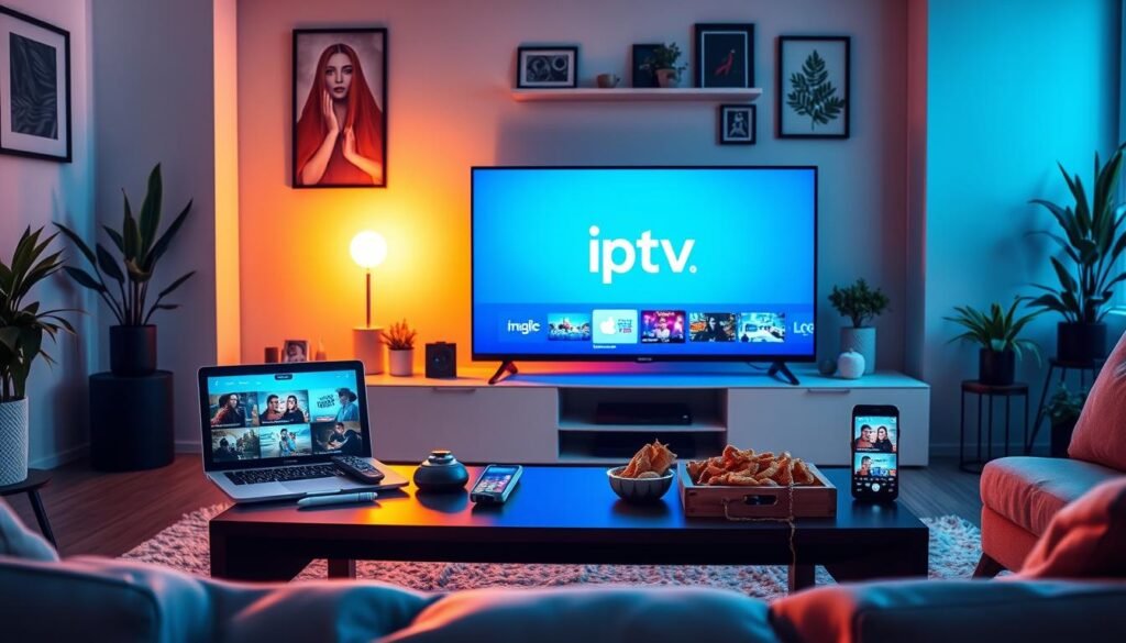 A modern living room scene showcasing various devices connected to the internet, representing IPTV connectivity. In the foreground, a sleek smart TV displays vibrant IPTV content with a clear image quality, surrounded by a stylish coffee table with a remote and snacks. In the middle, there are a laptop, tablet, and smartphone, all showing different IPTV interfaces, illuminated by soft ambient lighting to create a cozy atmosphere. The background features a wall decorated with art and plants, contributing to a welcoming home environment. A warm sunset glow seeps in through a window, casting gentle light across the room. The overall mood is inviting and innovative, emphasizing the ease and accessibility of IPTV in France. Include a subtle logo of "iptv adults" on the TV screen. A modern living room scene showcasing various devices connected to the internet, representing IPTV connectivity. In the foreground, a sleek smart TV displays vibrant IPTV content with a clear image quality, surrounded by a stylish coffee table with a remote and snacks. In the middle, there are a laptop, tablet, and smartphone, all showing different IPTV interfaces, illuminated by soft ambient lighting to create a cozy atmosphere. The background features a wall decorated with art and plants, contributing to a welcoming home environment. A warm sunset glow seeps in through a window, casting gentle light across the room. The overall mood is inviting and innovative, emphasizing the ease and accessibility of IPTV in France. Include a subtle logo of "iptv adults" on the TV screen.