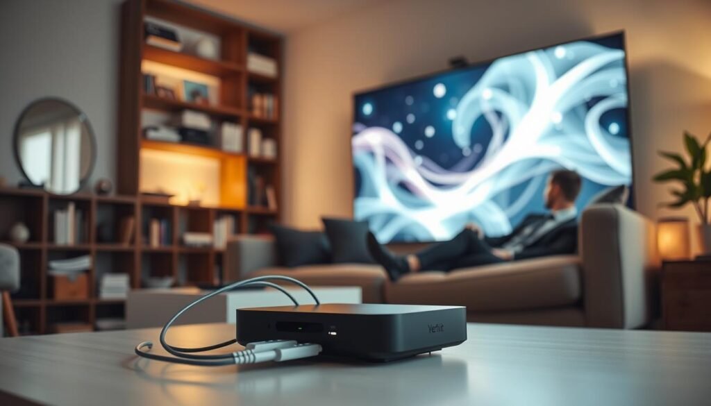 A modern living room setting with a large television in the focus, displaying a stylized, abstract visualization of digital streaming content. In the foreground, a sleek streaming device with digital connections visible, hinting at advanced technology. Soft ambient lighting creates a cozy atmosphere, with a warm glow illuminating the room. In the background, a stylish bookshelf filled with books and gadgets subtly suggests a tech-savvy lifestyle. A person in professional business attire is seated comfortably on a plush couch, engrossed in the screen, showcasing a sense of security and privacy. The composition is framed with a slightly elevated angle, emphasizing both the relaxed environment and the modern technology, conveying a feeling of safety and control.