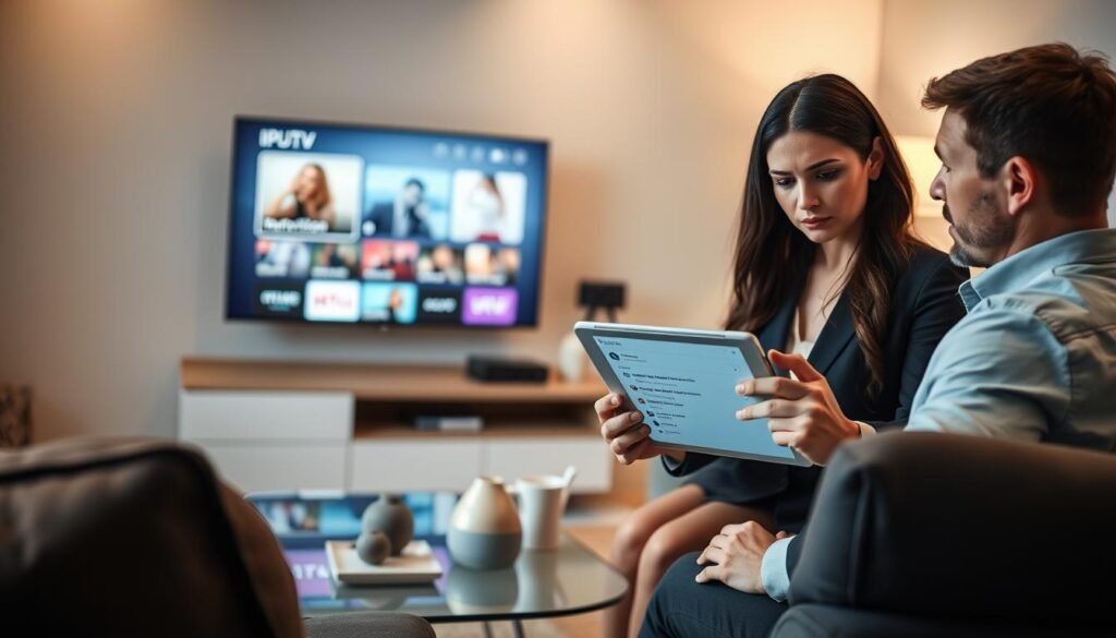 A modern living room setting, with a sleek television displaying an IPTV interface, featuring adult-themed channels represented by subtle, abstract graphics. In the foreground, a concerned couple in professional attire examines a tablet, displaying subscription options, showcasing their apprehension regarding privacy and content diversity. The middle ground includes a stylish coffee table with decor and a remote control, creating a cozy yet uneasy atmosphere. The background features soft, ambient lighting with muted colors, evoking a sense of contemplation. The angle is slightly tilted to emphasize the couple's expressions, capturing the mood of uncertainty on the potential inconveniences of adult IPTV subscriptions. The overall feel is a blend of professionalism and intimacy, safely reflecting the topic without explicit content. A modern living room setting, with a sleek television displaying an IPTV interface, featuring adult-themed channels represented by subtle, abstract graphics. In the foreground, a concerned couple in professional attire examines a tablet, displaying subscription options, showcasing their apprehension regarding privacy and content diversity. The middle ground includes a stylish coffee table with decor and a remote control, creating a cozy yet uneasy atmosphere. The background features soft, ambient lighting with muted colors, evoking a sense of contemplation. The angle is slightly tilted to emphasize the couple's expressions, capturing the mood of uncertainty on the potential inconveniences of adult IPTV subscriptions. The overall feel is a blend of professionalism and intimacy, safely reflecting the topic without explicit content.