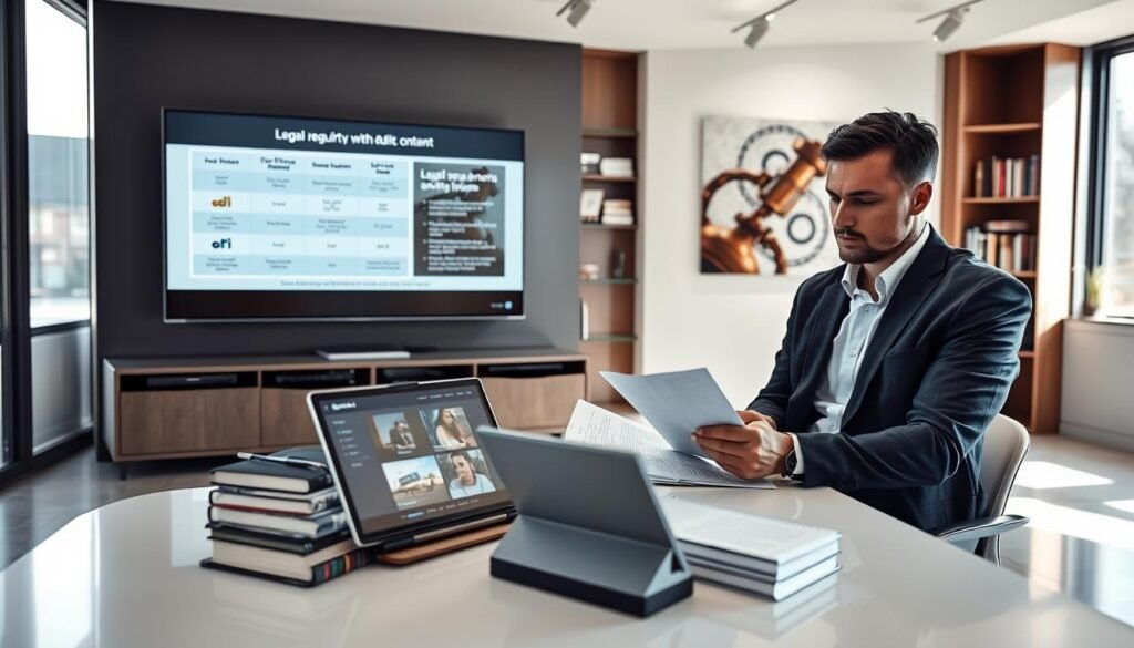 A modern office setting focusing on legal considerations around IPTV with adult content. In the foreground, a professional-looking lawyer, wearing business attire, reviews documents on a sleek desk filled with legal books, a laptop, and a tablet displaying digital streaming options. In the middle ground, a large screen shows a chart of legal regulations related to IPTV, while an open window allows natural light to flood the room, creating a bright and optimistic atmosphere. The background features a contemporary bookshelf filled with law texts, and an abstract artwork on the wall symbolizes technology and law's intersection. The overall mood is serious yet focused, highlighting the professionalism of legal frameworks in the digital age. A modern office setting focusing on legal considerations around IPTV with adult content. In the foreground, a professional-looking lawyer, wearing business attire, reviews documents on a sleek desk filled with legal books, a laptop, and a tablet displaying digital streaming options. In the middle ground, a large screen shows a chart of legal regulations related to IPTV, while an open window allows natural light to flood the room, creating a bright and optimistic atmosphere. The background features a contemporary bookshelf filled with law texts, and an abstract artwork on the wall symbolizes technology and law's intersection. The overall mood is serious yet focused, highlighting the professionalism of legal frameworks in the digital age.