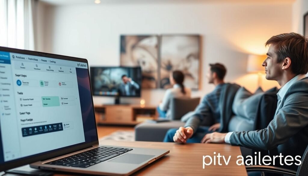 A secure digital environment illustrating the concept of "protection mineurs" in the context of IPTV access management. In the foreground, a computer desk displays a modern laptop with parental control software open, visibly showing user-friendly settings. A concerned adult in professional business attire sits beside the laptop, actively engaged in monitoring content. In the middle ground, a soft-focus representation of a family is shown, enjoying a TV program, emphasizing a safe viewing experience. In the background, a soft-lit living room setting with abstract art subtly suggesting security and surveillance. The ambiance is calm and focused, with warm lighting to evoke a sense of safety. The brand name "iptv adultes" subtly integrated into the decor. A secure digital environment illustrating the concept of "protection mineurs" in the context of IPTV access management. In the foreground, a computer desk displays a modern laptop with parental control software open, visibly showing user-friendly settings. A concerned adult in professional business attire sits beside the laptop, actively engaged in monitoring content. In the middle ground, a soft-focus representation of a family is shown, enjoying a TV program, emphasizing a safe viewing experience. In the background, a soft-lit living room setting with abstract art subtly suggesting security and surveillance. The ambiance is calm and focused, with warm lighting to evoke a sense of safety. The brand name "iptv adultes" subtly integrated into the decor.