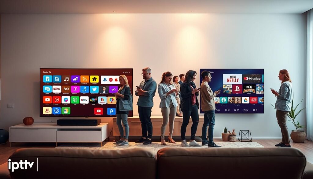 A visually engaging split scene showcasing the differences between free IPTV applications and premium solutions for smart TVs in 2026. In the foreground, depict a sleek modern living room with a smart TV displaying various apps; on one side, the screen shows colorful, basic interfaces of free apps, and on the other, vibrant, professional UI designs from premium services. In the middle ground, a diverse group of people (dressed in modest casual clothing) are interactively engaged with their devices, symbolizing user experience and satisfaction. The background features soft ambient lighting to create a warm atmosphere, with subtle shadows and highlights to enhance depth. The overall mood should feel informative yet inviting, emphasizing the choice between free and premium options in IPTV technology. Include brand elements subtly showcasing "iptv adultes".