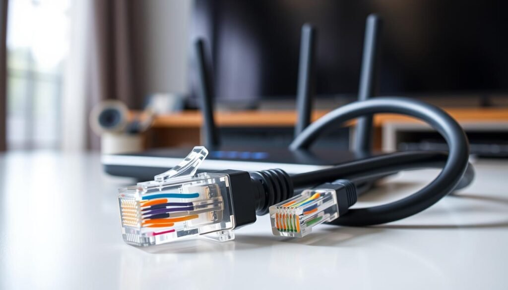 A close-up view of a Cat 6 Ethernet cable, showcasing its robust, high-speed connectors and vibrant inner wiring to symbolize stability for streaming. The cable should be elegantly coiled on a sleek, modern surface, with soft, diffused lighting illuminating its texture and colors. In the background, a blurred out, contemporary home office setup with tech devices like a router and a streaming device conveys the concept of optimized networking. The atmosphere should be one of efficiency and modernity, emphasizing clarity and connectivity. Capture the image from a slightly elevated angle to highlight both the cable and the background equipment, ensuring a professional and clean look without any distractions. A close-up view of a Cat 6 Ethernet cable, showcasing its robust, high-speed connectors and vibrant inner wiring to symbolize stability for streaming. The cable should be elegantly coiled on a sleek, modern surface, with soft, diffused lighting illuminating its texture and colors. In the background, a blurred out, contemporary home office setup with tech devices like a router and a streaming device conveys the concept of optimized networking. The atmosphere should be one of efficiency and modernity, emphasizing clarity and connectivity. Capture the image from a slightly elevated angle to highlight both the cable and the background equipment, ensuring a professional and clean look without any distractions.