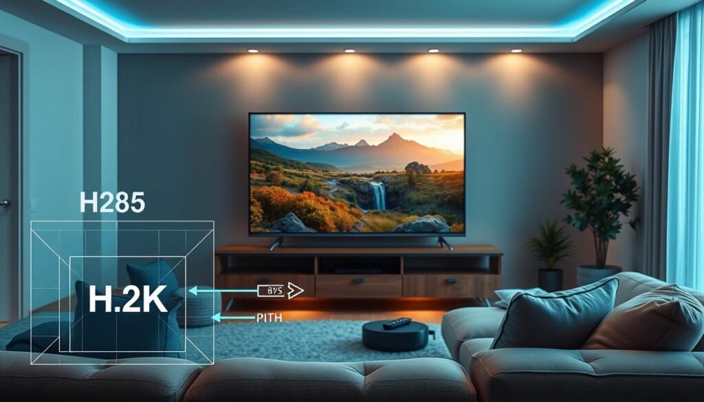 A modern living room setting designed for optimal movie viewing, featuring a sleek, large 4K television displaying a vibrant scene of a nature documentary. In the foreground, a technical diagram illustrates the H.265 compression algorithm, with arrows indicating data flow and optimization processes, all rendered in a high-tech, digital aesthetic. The middle ground showcases a cozy couch with a remote control and a streaming device, emphasizing a user-friendly experience. The background is softly lit with ambient lighting, creating a warm atmosphere that invites relaxation. Use a wide-angle lens perspective for depth, ensuring clarity and detail in each element. The overall mood is both tech-savvy and comfortable, highlighting the significance of internet speed for a seamless IPTV experience. A modern living room setting designed for optimal movie viewing, featuring a sleek, large 4K television displaying a vibrant scene of a nature documentary. In the foreground, a technical diagram illustrates the H.265 compression algorithm, with arrows indicating data flow and optimization processes, all rendered in a high-tech, digital aesthetic. The middle ground showcases a cozy couch with a remote control and a streaming device, emphasizing a user-friendly experience. The background is softly lit with ambient lighting, creating a warm atmosphere that invites relaxation. Use a wide-angle lens perspective for depth, ensuring clarity and detail in each element. The overall mood is both tech-savvy and comfortable, highlighting the significance of internet speed for a seamless IPTV experience.