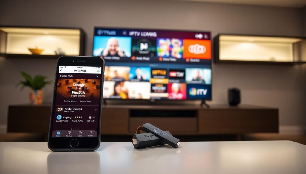 A modern living room setting featuring a smartphone and a Firestick device prominently displayed on a sleek entertainment center. In the foreground, the smartphone screen shows an installation application interface, glowing softly to emphasize the ease of use. The middle ground includes the Firestick plugged into a flat-screen TV, with vibrant IPTV channels streaming in the background. The lighting is warm and inviting, with soft overhead lights casting a cozy ambiance. Use a wide-angle lens to capture the entire scene, ensuring it feels spacious and user-friendly. The overall mood is one of simplicity and enjoyment, highlighting the accessible nature of IPTV installations on mobile devices and streaming platforms. A modern living room setting featuring a smartphone and a Firestick device prominently displayed on a sleek entertainment center. In the foreground, the smartphone screen shows an installation application interface, glowing softly to emphasize the ease of use. The middle ground includes the Firestick plugged into a flat-screen TV, with vibrant IPTV channels streaming in the background. The lighting is warm and inviting, with soft overhead lights casting a cozy ambiance. Use a wide-angle lens to capture the entire scene, ensuring it feels spacious and user-friendly. The overall mood is one of simplicity and enjoyment, highlighting the accessible nature of IPTV installations on mobile devices and streaming platforms.