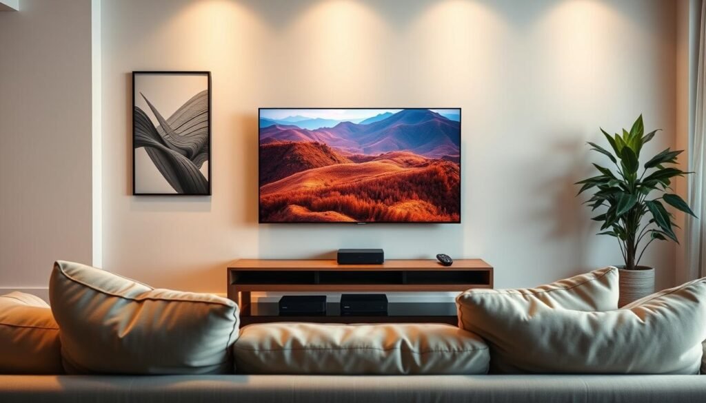 A modern living room setup featuring a sleek 4K television displaying a high-resolution landscape image, emphasizing vibrant colors and intricate details. In the foreground, a cozy couch with neatly arranged cushions invites viewers to sit. In the middle, a stylish coffee table holds a few tech gadgets representative of IPTV streaming, like a remote control and streaming boxes. The background showcases a minimalist wall decorated with abstract art, with subtle, warm lighting creating a comfortable atmosphere. The scene portrays a sense of tranquility and modern technology, focusing on the importance of high-quality streaming experiences. Soft shadows enhance the depth, providing a polished and professional look. A modern living room setup featuring a sleek 4K television displaying a high-resolution landscape image, emphasizing vibrant colors and intricate details. In the foreground, a cozy couch with neatly arranged cushions invites viewers to sit. In the middle, a stylish coffee table holds a few tech gadgets representative of IPTV streaming, like a remote control and streaming boxes. The background showcases a minimalist wall decorated with abstract art, with subtle, warm lighting creating a comfortable atmosphere. The scene portrays a sense of tranquility and modern technology, focusing on the importance of high-quality streaming experiences. Soft shadows enhance the depth, providing a polished and professional look.