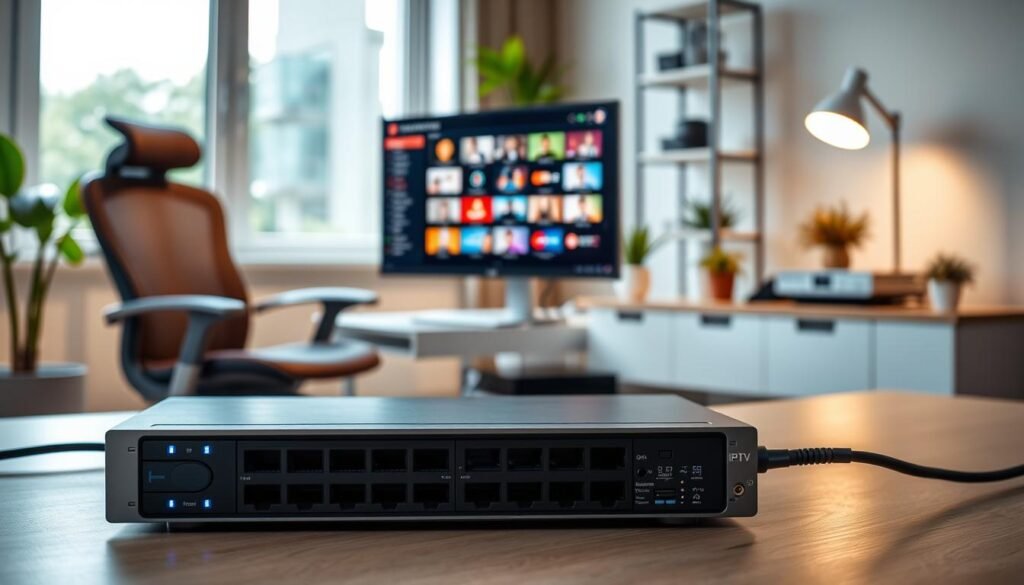 A modern network setup showcasing an IPTV cache system in a sleek home office environment. In the foreground, a high-tech network device with LED indicators glows softly, symbolizing efficient data handling. In the middle, a stylish computer monitor displays a vibrant IPTV interface featuring various channels. A comfortable ergonomic chair and a stylish desk surround the setup, conveying a sense of professionalism. In the background, a window allows natural light to filter in, creating a warm atmosphere. The room is organized and clutter-free, with a subtle hint of green plants for a refreshing touch. Use soft lighting to enhance the tech elements, and a slight depth of field to focus on the IPTV cache, ensuring a clear, inviting image suitable for an article illustration. A modern network setup showcasing an IPTV cache system in a sleek home office environment. In the foreground, a high-tech network device with LED indicators glows softly, symbolizing efficient data handling. In the middle, a stylish computer monitor displays a vibrant IPTV interface featuring various channels. A comfortable ergonomic chair and a stylish desk surround the setup, conveying a sense of professionalism. In the background, a window allows natural light to filter in, creating a warm atmosphere. The room is organized and clutter-free, with a subtle hint of green plants for a refreshing touch. Use soft lighting to enhance the tech elements, and a slight depth of field to focus on the IPTV cache, ensuring a clear, inviting image suitable for an article illustration.