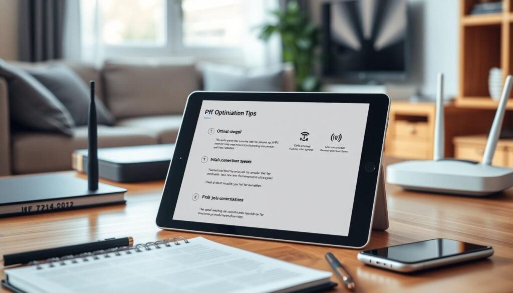A modern, user-friendly PDF guide displayed on a sleek tablet, showcasing tips for optimizing an internet box for IPTV streaming. The tablet rests on a stylish wooden desk, surrounded by a notebook and a smartphone. In the background, a well-organized living room features a Wi-Fi router with LED indicators glowing softly. Natural light streams in from a nearby window, creating a warm, inviting atmosphere. The focus is on the tablet's screen, visibly displaying a clear layout of optimization tips, with icons representing signal strength and connection speed. The composition is clean and tidy, emphasizing a professional yet approachable vibe, perfect for tech enthusiasts seeking to enhance their streaming experience. A modern, user-friendly PDF guide displayed on a sleek tablet, showcasing tips for optimizing an internet box for IPTV streaming. The tablet rests on a stylish wooden desk, surrounded by a notebook and a smartphone. In the background, a well-organized living room features a Wi-Fi router with LED indicators glowing softly. Natural light streams in from a nearby window, creating a warm, inviting atmosphere. The focus is on the tablet's screen, visibly displaying a clear layout of optimization tips, with icons representing signal strength and connection speed. The composition is clean and tidy, emphasizing a professional yet approachable vibe, perfect for tech enthusiasts seeking to enhance their streaming experience.
