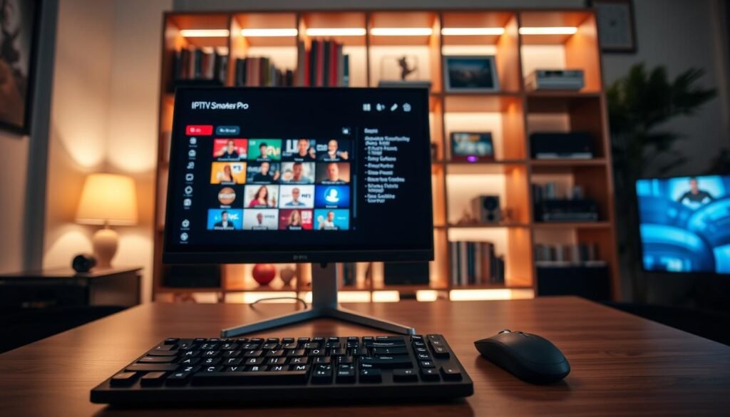 A sleek and modern IPTV stream player interface displayed on a Windows PC. In the foreground, a high-resolution monitor shows the IPTV Smarters Pro application with vibrant thumbnails of various TV channels. The middle ground features a stylish desktop setup, including a wireless keyboard and mouse, with ambient LED lighting reflecting a tech-savvy home office atmosphere. In the background, a soft-focus bookshelf filled with multimedia items adds depth to the scene. The lighting is warm and inviting, creating a cozy yet professional mood, as if inviting the viewer into a relaxed viewing experience. The angle captures the scene slightly from above, providing a comprehensive view of the player interface. No text or logos are included in the image. A sleek and modern IPTV stream player interface displayed on a Windows PC. In the foreground, a high-resolution monitor shows the IPTV Smarters Pro application with vibrant thumbnails of various TV channels. The middle ground features a stylish desktop setup, including a wireless keyboard and mouse, with ambient LED lighting reflecting a tech-savvy home office atmosphere. In the background, a soft-focus bookshelf filled with multimedia items adds depth to the scene. The lighting is warm and inviting, creating a cozy yet professional mood, as if inviting the viewer into a relaxed viewing experience. The angle captures the scene slightly from above, providing a comprehensive view of the player interface. No text or logos are included in the image.