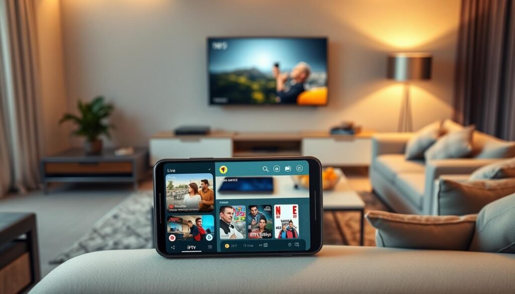A sleek modern living room setting showcasing an Android smartphone displaying an advanced IPTV application interface. The phone is positioned prominently in the foreground, with vibrant visuals from the app featuring live streaming content, user-friendly navigation buttons, and a grid of channels. In the middle ground, a stylish coffee table is adorned with a tablet and snacks, hinting at a cozy viewing experience. The background reveals a contemporary entertainment center with a large smart TV and soft ambient lighting, creating a warm inviting atmosphere. The scene is illuminated with soft golden hues, casting a professional yet relaxed mood. The composition should maintain a sharp focus on the smartphone while gently blurring the background, enhancing the emphasis on advanced features and user experience. A sleek modern living room setting showcasing an Android smartphone displaying an advanced IPTV application interface. The phone is positioned prominently in the foreground, with vibrant visuals from the app featuring live streaming content, user-friendly navigation buttons, and a grid of channels. In the middle ground, a stylish coffee table is adorned with a tablet and snacks, hinting at a cozy viewing experience. The background reveals a contemporary entertainment center with a large smart TV and soft ambient lighting, creating a warm inviting atmosphere. The scene is illuminated with soft golden hues, casting a professional yet relaxed mood. The composition should maintain a sharp focus on the smartphone while gently blurring the background, enhancing the emphasis on advanced features and user experience.