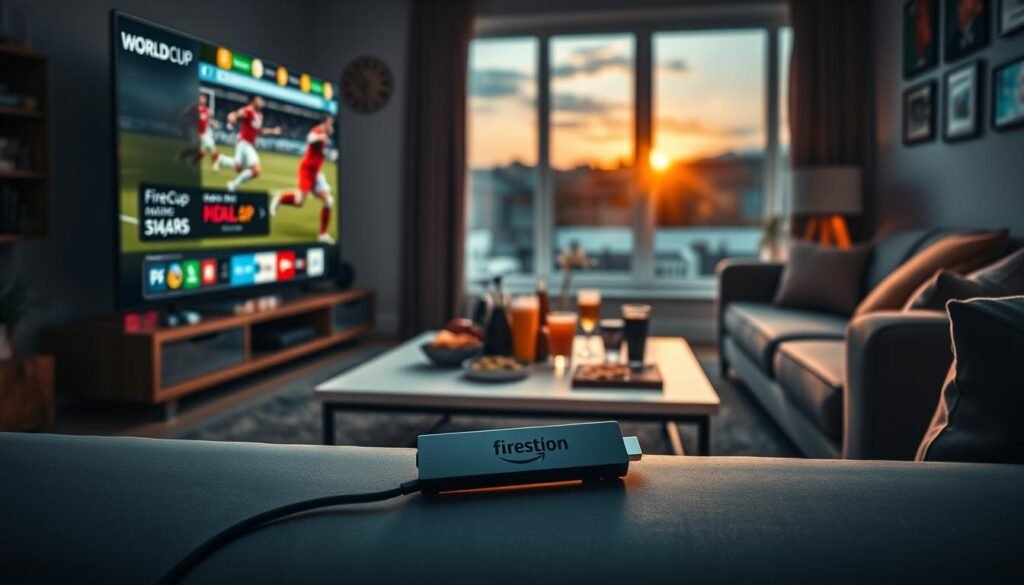 A cozy living room scene highlighting a sleek Amazon Firestick streaming device connected to a large modern TV, displaying a vibrant 4K football match from the World Cup app. In the foreground, the Firestick prominently sits plugged into the TV, showcasing its branding. The middle layer features an assortment of snacks and drinks on a stylish coffee table, enhancing the watch-party atmosphere. The background captures soft lighting, casting a warm glow over the space, with comfortable seating and sports memorabilia adorning the walls. A window reveals a picturesque sunset, creating an inviting ambiance for football fans. The overall mood is vibrant and engaging, perfect for enjoying live sports, with a subtle reference to the "fournisseur IPTV" for enhanced streaming quality.
