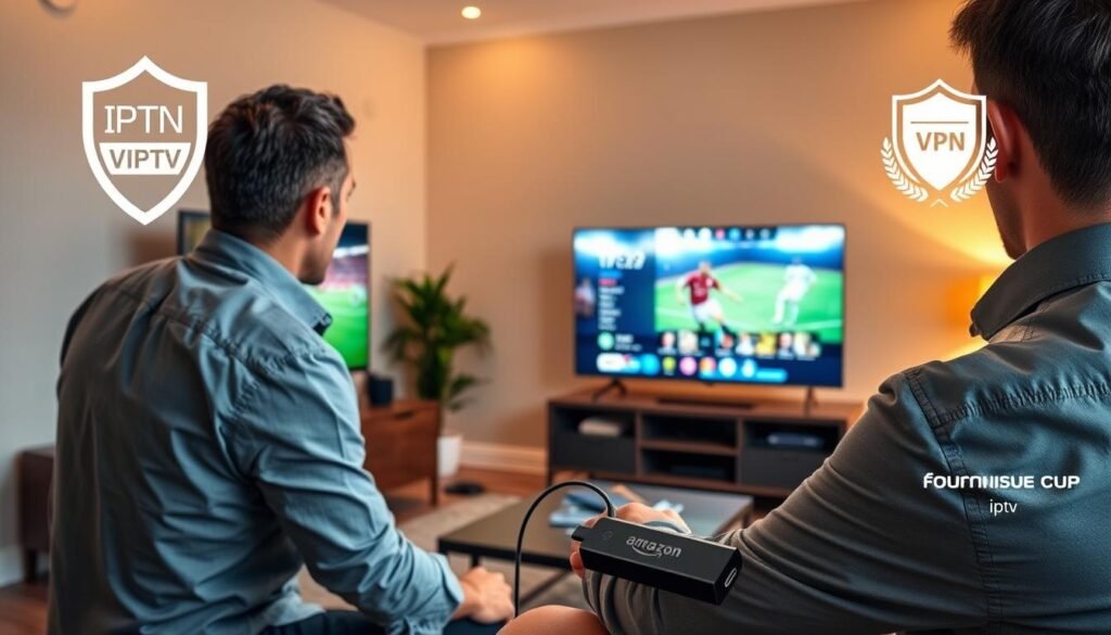 A modern living room scene featuring a sleek Amazon Firestick plugged into an older television, transforming it into a smart TV. In the foreground, a user, dressed in professional casual clothing, is focused on a vibrant display showing a World Cup app with football action. Surrounding the TV, visual representations of secure streaming, such as a virtual private network (VPN) shield symbol, are artistically integrated. The room has warm, inviting lighting, highlighting a comfortable atmosphere perfect for watching football. In the background, subtle decor suggests a cozy family space. Brand elements of "fournisseur iptv" are incorporated into the image, emphasizing easy access to the IPTV service for World Cup viewing. Aim for a dynamic and engaging atmosphere that underscores the excitement of secure streaming during the tournament.