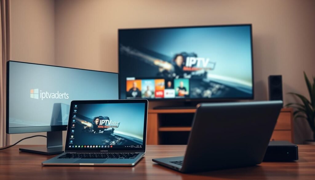A modern home office environment featuring a sleek Windows PC setup, displaying the "iptv adultes" application on the monitor. In the foreground, a well-organized desk with a high-end laptop and a sleek tablet, all showing IPTV content in a professional context. The middle ground captures a contemporary television showcasing the same IPTV interface, with an elegant media box beside it. The background is softly lit with neutral tones, emphasizing a calm and focused atmosphere. Warm, ambient lighting casts gentle shadows, creating depth. The angle is slightly elevated, providing a comprehensive view of the devices and an air of sophistication, perfect for a tech-savvy audience. Overall, the mood is professional and engaging, reflecting the theme of advanced streaming technology in a modern setting.