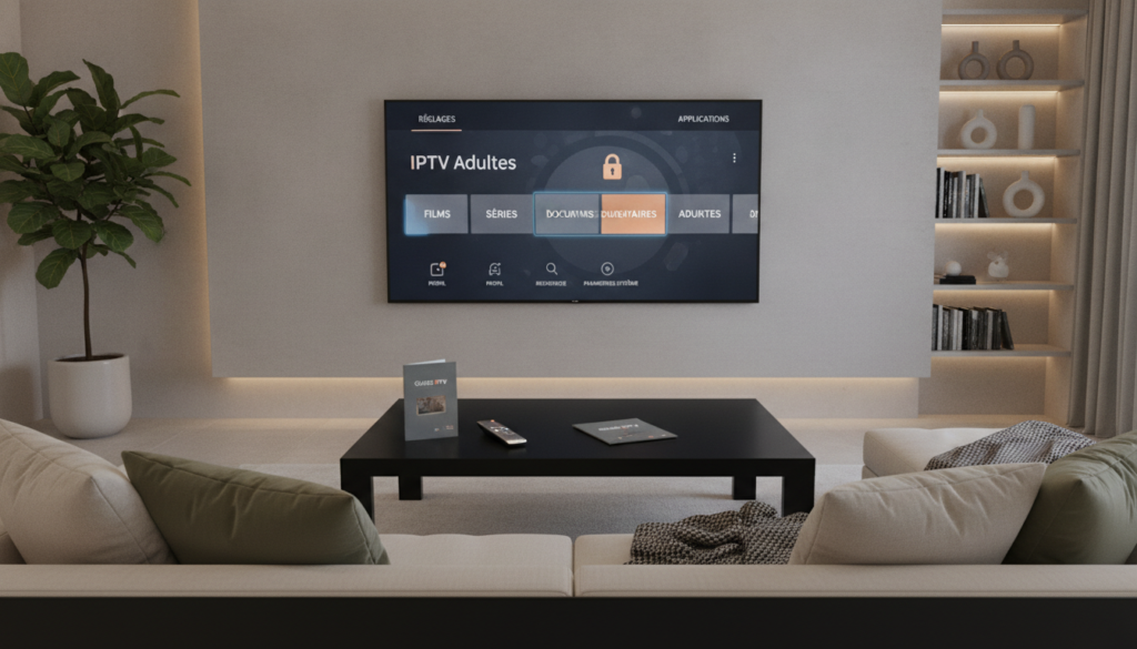A modern living room setup featuring a high-definition TV displaying the "IPTV Adultes" interface, showcasing user-friendly application settings and various categories on the screen. In the foreground, a sleek coffee table holds a remote control and user guide, suggesting an inviting atmosphere. The middle ground includes a comfortable couch, elegantly adorned with neutral-colored cushions, inviting relaxation. The background consists of soft ambient lighting, creating a warm, cozy environment, with a tasteful decor that ensures a professional and family-friendly vibe. Use a slight top-down angle to emphasize the interaction with the screen, ensuring the image conveys technology and accessibility in a respectful manner. A modern living room setup featuring a high-definition TV displaying the "IPTV Adultes" interface, showcasing user-friendly application settings and various categories on the screen. In the foreground, a sleek coffee table holds a remote control and user guide, suggesting an inviting atmosphere. The middle ground includes a comfortable couch, elegantly adorned with neutral-colored cushions, inviting relaxation. The background consists of soft ambient lighting, creating a warm, cozy environment, with a tasteful decor that ensures a professional and family-friendly vibe. Use a slight top-down angle to emphasize the interaction with the screen, ensuring the image conveys technology and accessibility in a respectful manner.