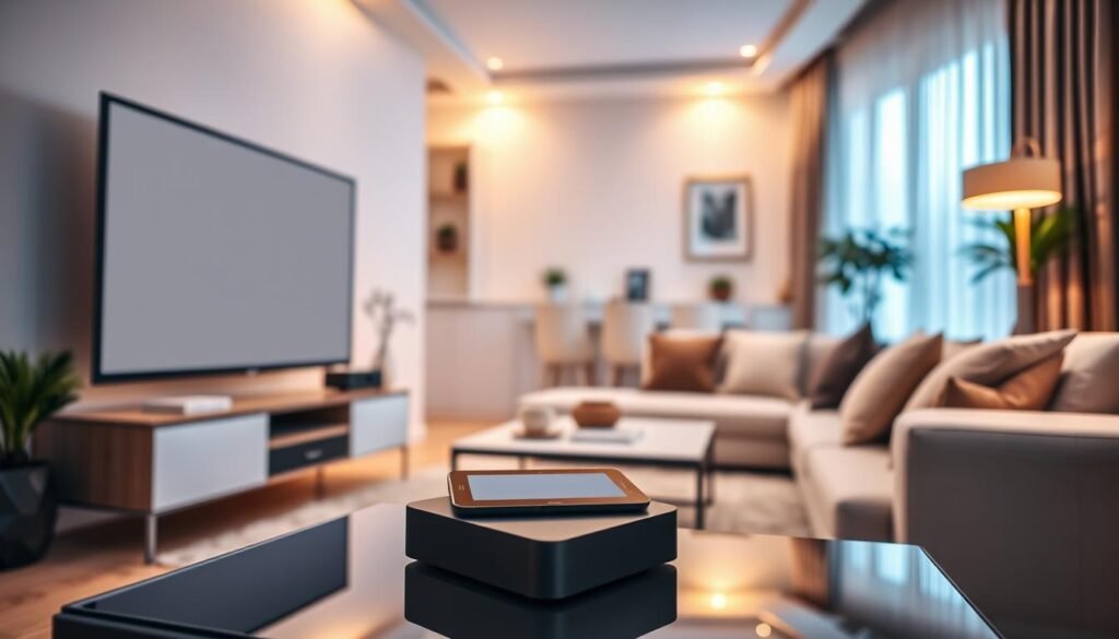 A modern living room showcasing a seamless IPTV setup, emphasizing "iptv adultes" branding. In the foreground, a sleek television displays a neutral interface, accompanied by a modern IPTV box and a tablet resting on a stylish coffee table. The middle ground features a comfortable couch adorned with minimalistic decor, inviting a relaxed viewing experience. The background is a softly lit space with warm, ambient lighting, creating a cozy atmosphere. The angle is slightly tilted from above, offering a comprehensive view of the room’s layout. Overall, the image conveys a sense of stability and reliability in IPTV services during peak viewing hours, highlighting the compatibility and quality of devices in a contemporary home environment.