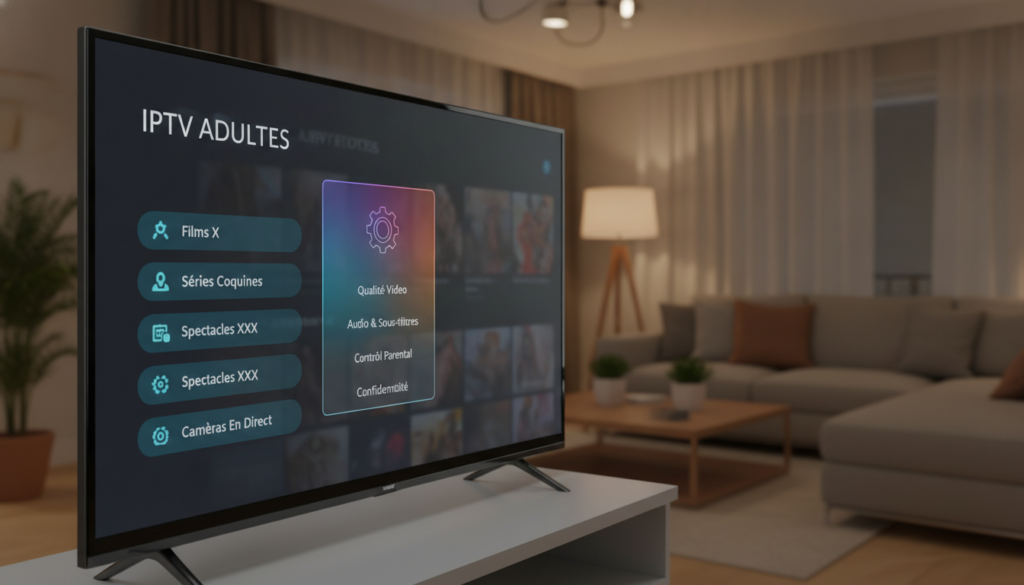 A sleek modern screen displaying the user interface of an IPTV application titled "IPTV Adultes". The foreground highlights various category menus, featuring an organized layout with icons representing different genres of content, all designed with a user-friendly aesthetic. In the middle, a glowing settings menu is visible, with vibrant colors that suggest a dynamic and engaging atmosphere. The background shows a softly blurred living room environment, with ambient lighting creating a warm and inviting mood. The scene is shot from a slightly elevated angle to emphasize the screen's interface, using a soft focus that enhances the technical ambiance. The overall composition conveys a sense of professionalism and responsibility in content management. A sleek modern screen displaying the user interface of an IPTV application titled "IPTV Adultes". The foreground highlights various category menus, featuring an organized layout with icons representing different genres of content, all designed with a user-friendly aesthetic. In the middle, a glowing settings menu is visible, with vibrant colors that suggest a dynamic and engaging atmosphere. The background shows a softly blurred living room environment, with ambient lighting creating a warm and inviting mood. The scene is shot from a slightly elevated angle to emphasize the screen's interface, using a soft focus that enhances the technical ambiance. The overall composition conveys a sense of professionalism and responsibility in content management.