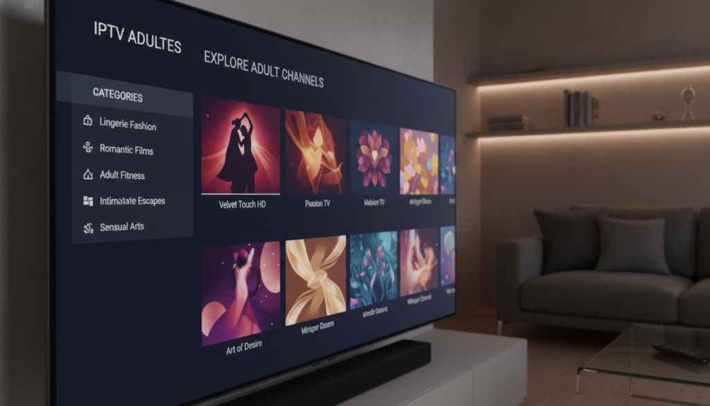 An image depicting a modern digital interface for the application "IPTV Adultes". In the foreground, display a sleek, high-resolution screen with a settings menu open, showcasing various channel categories related to adult content, but portrayed in a professional and tasteful manner. The middle ground features a user interface with icons and vibrant thumbnails, emphasizing the variety and richness of the offerings. The background should suggest a tech-savvy living room ambiance, with soft lighting and a comfortable, contemporary atmosphere. Use a slightly angled perspective to create depth, while ensuring the scene feels inviting and secure. Aim for a polished and informative vibe that reflects the exploration of IPTV adult channel offerings in a sophisticated manner. An image depicting a modern digital interface for the application "IPTV Adultes". In the foreground, display a sleek, high-resolution screen with a settings menu open, showcasing various channel categories related to adult content, but portrayed in a professional and tasteful manner. The middle ground features a user interface with icons and vibrant thumbnails, emphasizing the variety and richness of the offerings. The background should suggest a tech-savvy living room ambiance, with soft lighting and a comfortable, contemporary atmosphere. Use a slightly angled perspective to create depth, while ensuring the scene feels inviting and secure. Aim for a polished and informative vibe that reflects the exploration of IPTV adult channel offerings in a sophisticated manner.